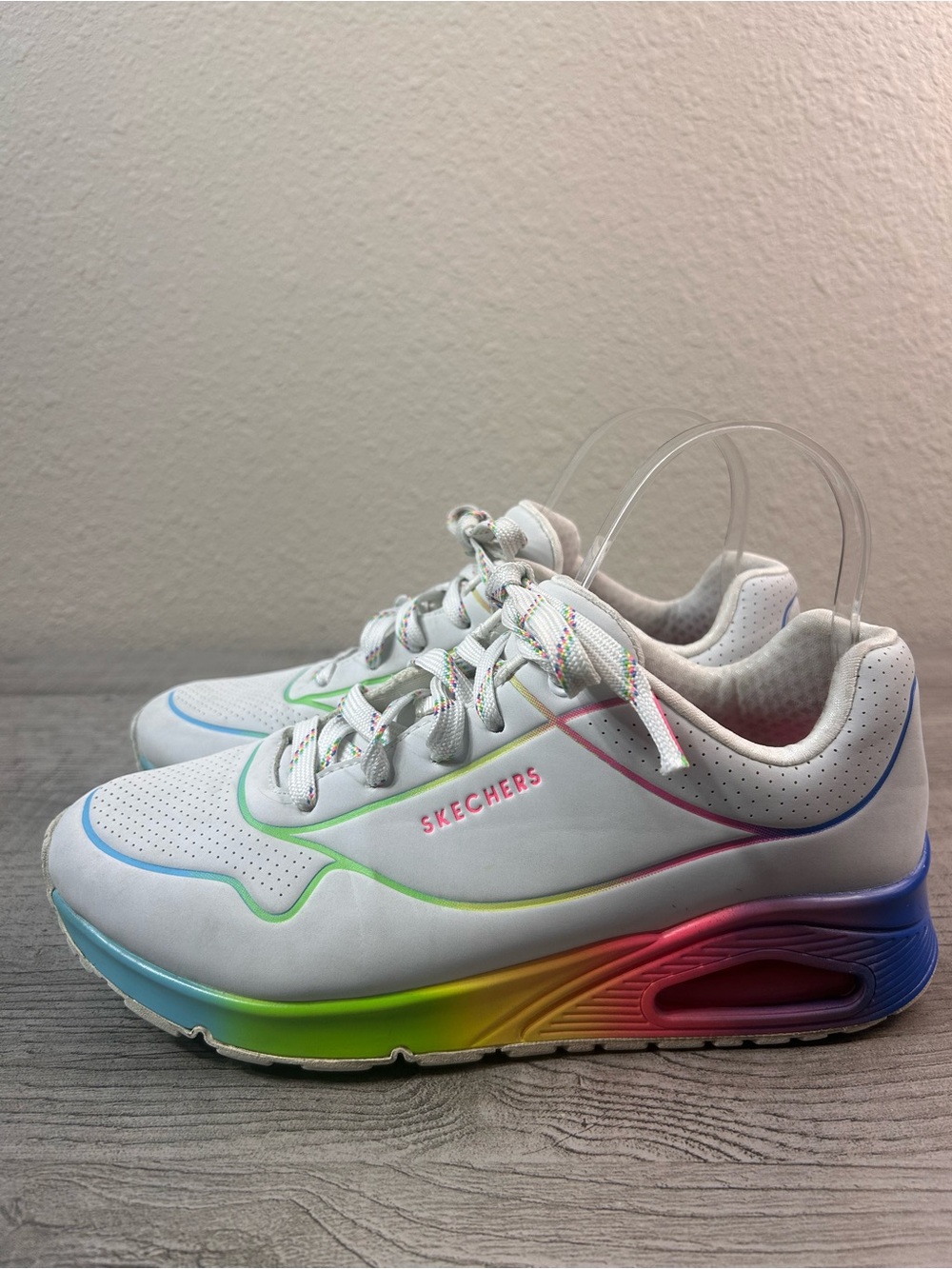Skechers Air Cushion White Sneakers with Rainbow Gradient Sole Women’s Size 8 - Picture 2 of 10